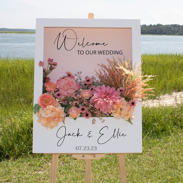 Custom Polaroid Style Flower Box Welcome Sign, Personalized Event Welcome Sign, Wedding Welcome Flower Box Sign, Floral Wedding Sign Decor