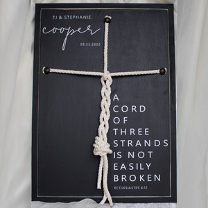 A Cord Of Three Strands Braided Cross Sign, Unity Ceremony Sign With Cord Cross, Unity Ceremony Ideas, Eccl 4:9-12 Scripture Sign
