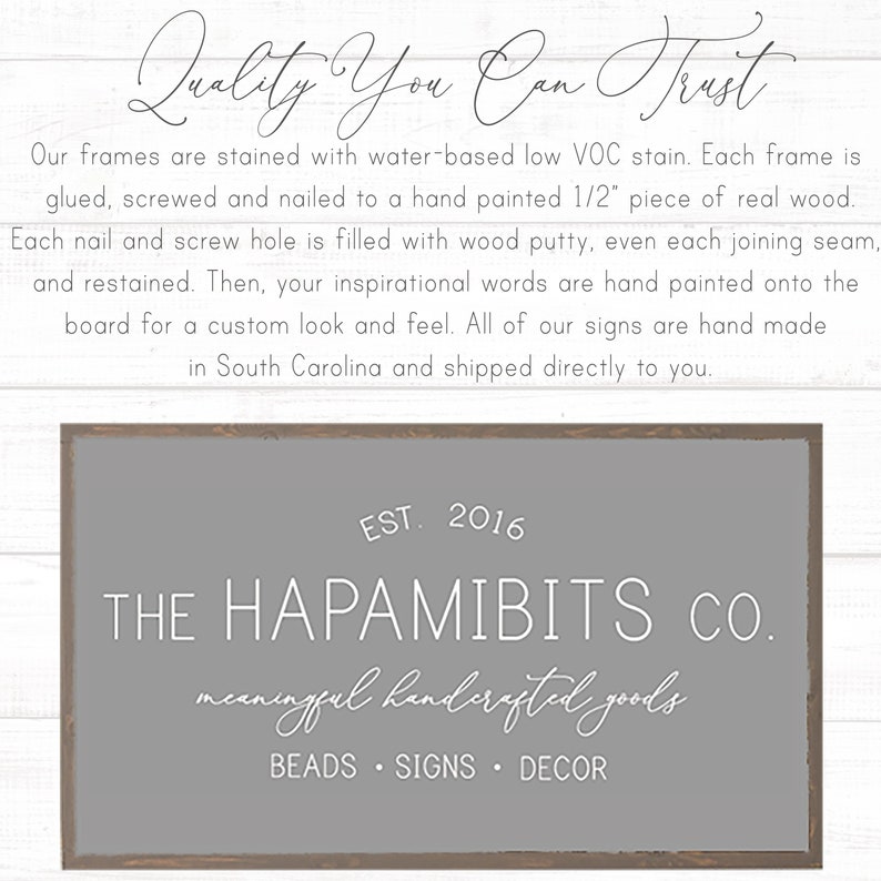 May include: A gray wooden sign with the text "EST. 2016 THE HAPAMIBITS CO. meaningful handcrafted goods BEADS SIGNS DECOR" in white lettering.