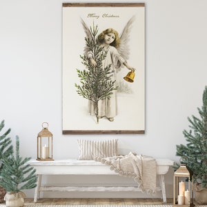 Large Vintage Christmas Angel Tapestry, XL Holiday Wall Art, Vintage Christmas Tapestry, Hanging Merry Christmas Sign, Farmhouse Holiday Art