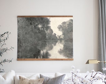 Tapiz de pared vintage grande, tapiz de paisaje abstracto en blanco y negro, decoración de pared extragrande, lienzo colgante con un toque de melancolía, tapiz de pared XL