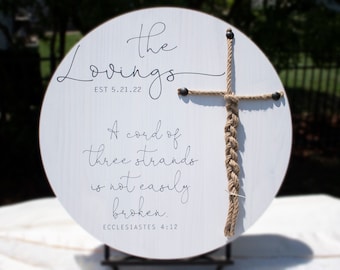 A Cord Of Three Strands Round Braided Cross Sign, Personalized Unity Ceremony Sign With Cord Cross, Eccl 4:9-12 Scripture, Wedding Sign