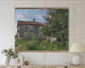 May include: A painting of a gray wooden house with a white horse standing in a grassy field. The house has a red roof and several windows. The horse is standing in the shade of a large tree.