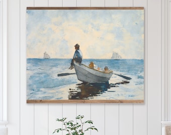 Vintage Rowboat Tapestry Wall Hanging, Large Hanging Canvas Oil Painting Print, Beach House Wall Art, Coastal Sailboats in Ocean Wall Decor