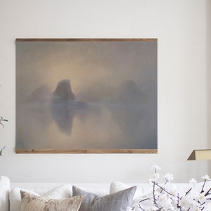 Large Vintage Moody Wall Hanging, Muted Color Tapestry, Oversized Misty Scenic Wall Decor, XL Foggy Muted Tones Mountain and Water Landscape