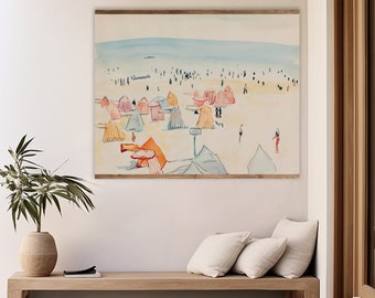 Vintage Beach Watercolor Tapestry, Colorful Beach Cabana Wall Decor, Hanging Canvas Vintage Coastal Beach Painting, XL Pool House Wall Decor