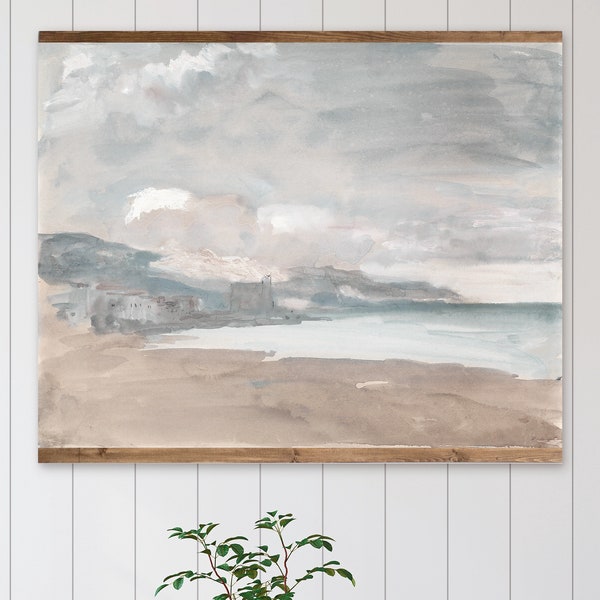 Vintage Seaside Landscape Tapestry, Coastal Wall Decor, XL Vintage Print Canvas Tapestry, Beach House Wall Hanging, Soft Tonale Vintage Art