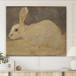 ヴィンテージ ウサギの絵画、大きな素朴なウサギのタペストリー、ヴィンテージ イースター ウォールデコ、ニュートラルトーンの子供部屋ウォールアート、XL アンティーク バニープリント