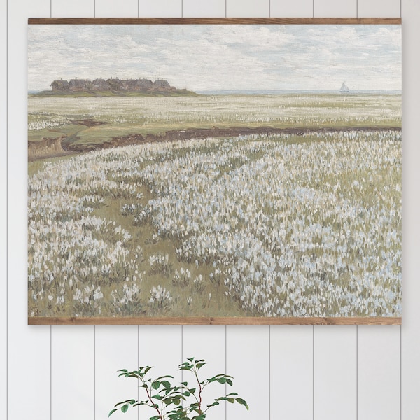 Vintage Summer Wildflower Field Canvas Tapestry, Field Of Flowers By The Sea Wall Hanging, Extra Large Countryside Floral Landscape Canvas