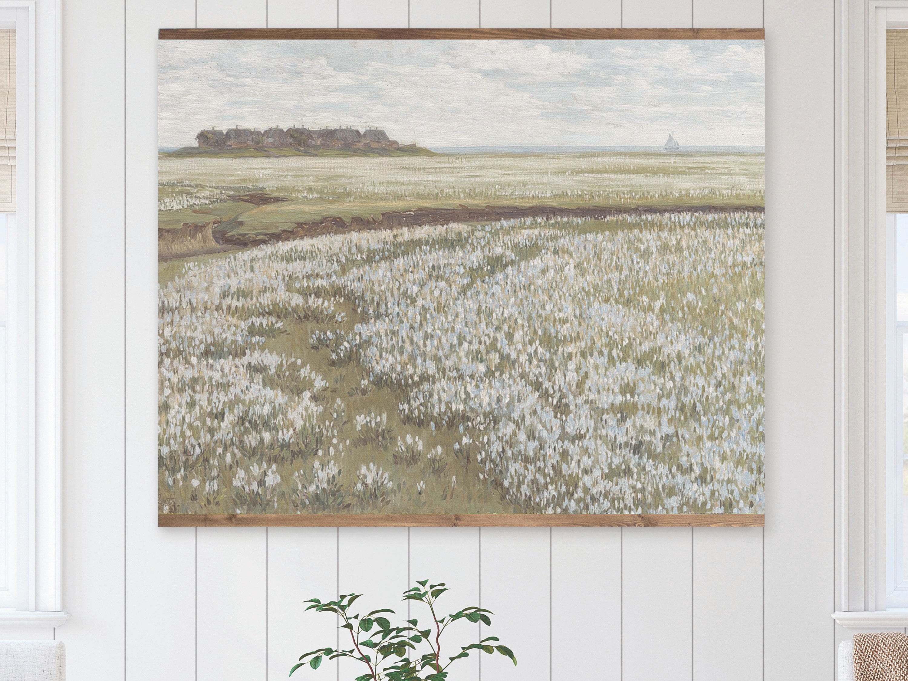 Tapiz vintage de campo de flores silvestres de verano, tapiz de pared con campo de flores junto al mar, lienzo extragrande con paisaje floral campestre.
