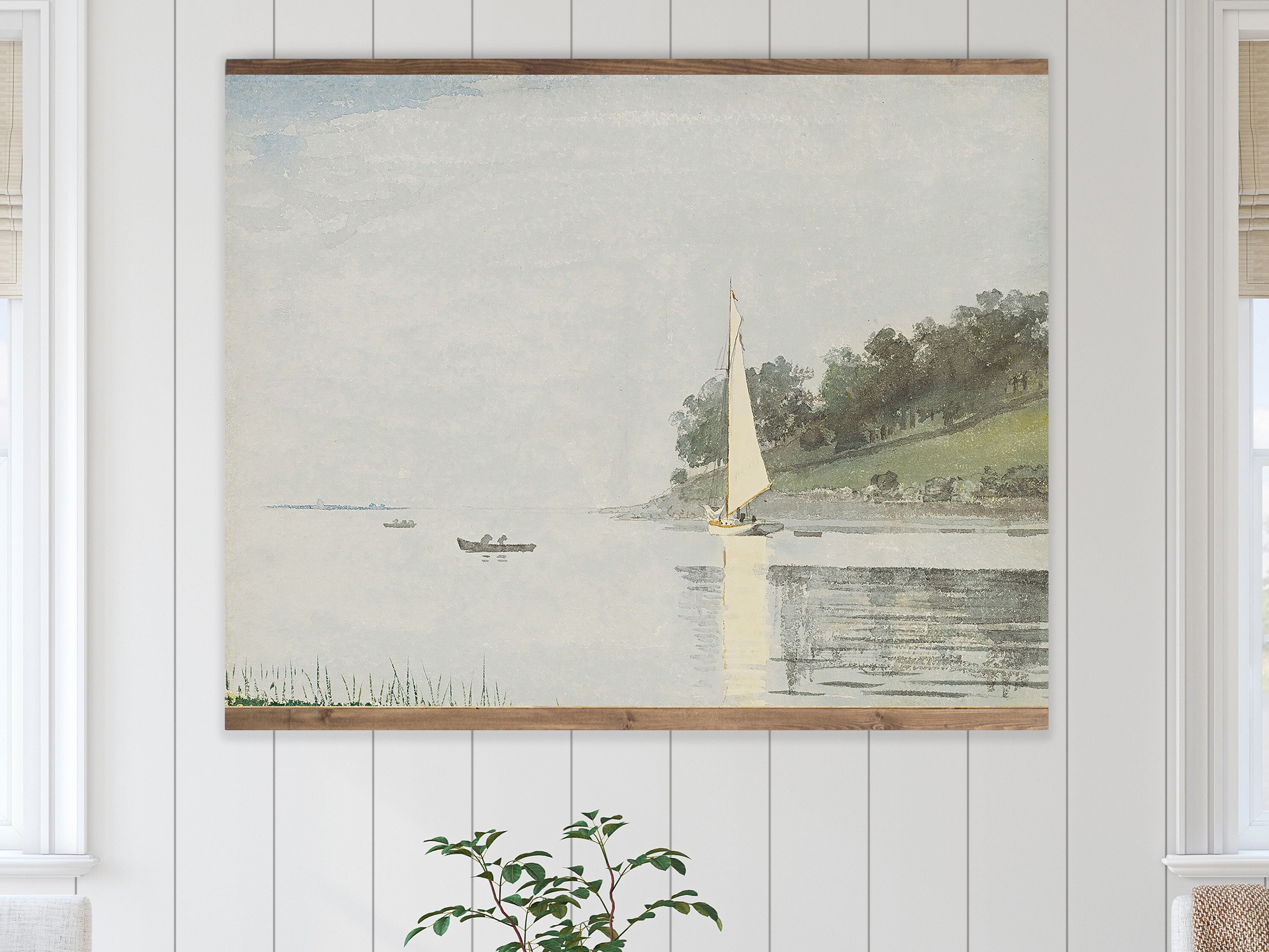 Coastal Vintage Wall Hanging, Sailboat In A Cove Canvas Tapestry, Vintage Seaside Oil Painting Large Print, Beach House Wall Art, Beach Art