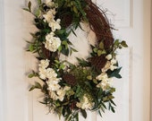 Hydrangea Grapevine Wreath, Summer Fall Front Door Wreath, Door Decor, Floral Door Wreath, Oblong Wreath, Natural Decor, Spring Door Decor