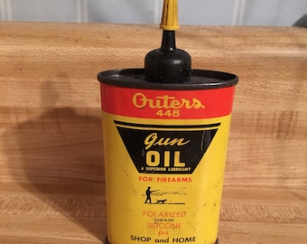 Vintage Outers 445 Gun Oil Lubricant metal can, industrial, retro, man cave, rustic, farmhouse, tin can, collectible gun oil