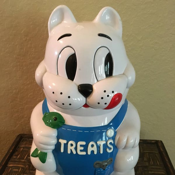 Vintage 1992 Meowing Cat Treat Jar, singing cat cookie jar, singing treat jar, talking cookie jar, stray cat strut, What's new pussycat,