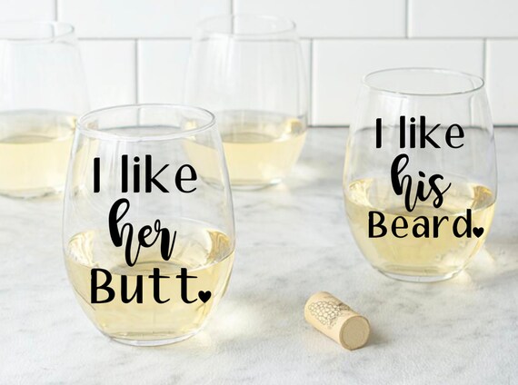 His & Hers Engraved Stemless Personalized Wine Glass Glasses Gift Set of 2  (Mustache, Lips) Valentine's Day Gift