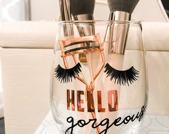 2 Pack Clear W/ Words Hello Gorgeous 👀 💋 Makeup Brush Holders