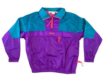 90s Neon Purple Teal Pink Columbia Radial Sleeve Windbreaker Track Jacket (XL)