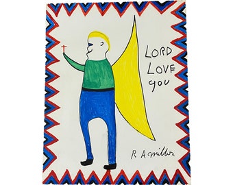 Original R.A. Miller "Lord Love You" Angel Folk Outsider Art Painting Drawing (28x22)