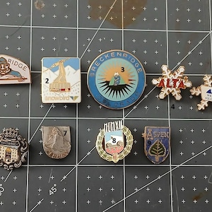 Op de afbeelding: Een verzameling emaille pins met diverse ontwerpen. Inclusief pins met teksten als "GIANT'S RIDGE", "SNOWBIRD", "BRECKENRIDGE COLORADO", "ALTA", "WELCH VILLAGE", "INNSBRUCK", "ASPEN", en een pin met een krans en de tekst "SSN".