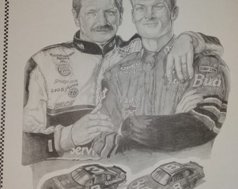 Vintage Dale Adkins lithograph featuring Dale Earnhardt Sr & Dale Earnhardt Jr