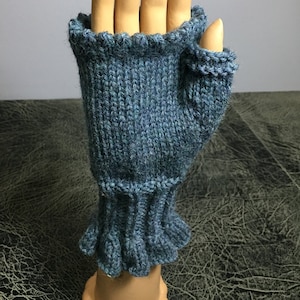 Hand Knit Wool Fingerless Mitts with Ruffled Cuffs,  Denim Blue Color, Hand Circumference 8-10&quot;, Overall Length 8&quot;, 100% Wool, Fast Shipping
