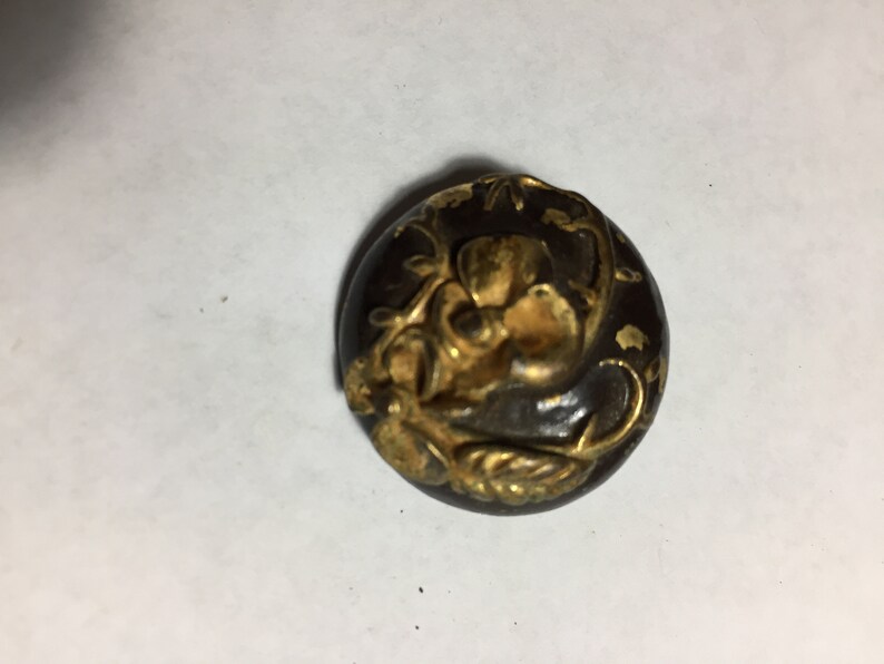 Vintage Metal Button with Raised FlowerLeaf Motif Good Condition Size 1 Black and Gold Paint Self Shank Fast Shipping