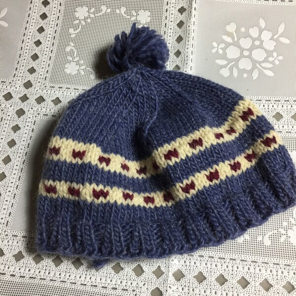 Multicolor Wool Kid's Cap,Hand Knit, Patriot Fan Colors, Slate Blue, Maroon, and Cream Colors, Head Size 16-18", Fast Shipping