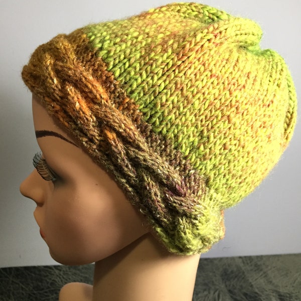Hand Knit Cable Band Wool/Silk Winter Hat, Variegated Earth Tone Yarn, Fits Head Size Small 18-19", Unisex Colors and Design, READY TO SHIP
