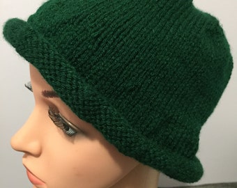Rolled Brim Unisex Knit Hat, Adult/Teen Winter Slouch/Cloche, Fits Head Size 18"-20", 7 "H,  Emerald Green, Easy Care Acrylic, Fast Shipping