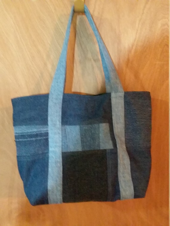 Stylish Upcycled Denim Tote Bag W/ Accessory Top Handles 3 - Etsy