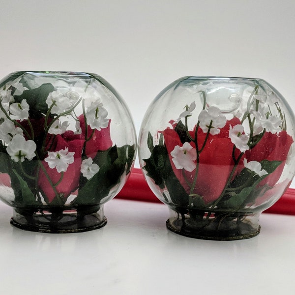Vintage Glass Globe Candle Holders Kitsch Flowers in Center Red White Green Round Glass Ball Globe Candlesticks 1960s Retro Decor - 2