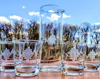 Vintage Cocktail Pitcher and Old Fashioned Glasses Set Etched Cut Flower On the Rocks Whiskey Glasses  Barware Ice Lip - Set of 5