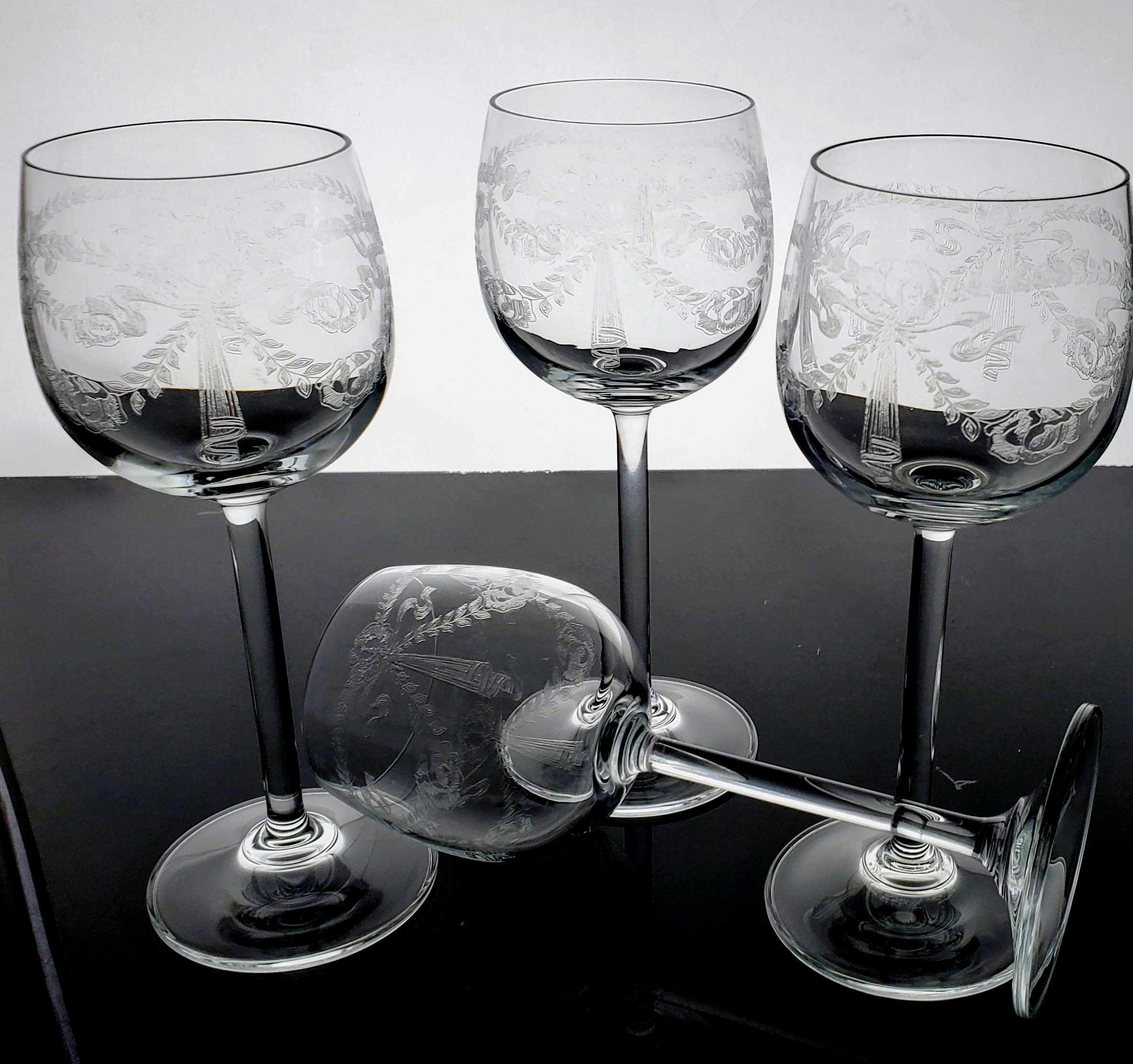 2 Antique Etched Optic Wine Glasses, Circa 1920's, Antique Wine