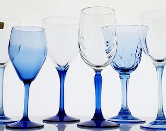 BLUE Wine Glasses Goblets Stemware Collection Crystal Stemware Cobalt Light Blue Swanky Wedding Gift Barware Curated Coordinating Set of 6