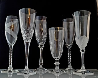Vintage Champagne Flutes Etched Cut Crystal Collections Stemware Barware Coordinating Curated Mismatched Gift Set Wedding Toasting Glasses 6