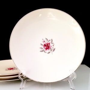 Flintridge Delrose Salad Plates Pink Rose Gray Leaves Silver Platinum Trim Vintage 1960 Mid Century Fine China California LARGE 8 5/8&quot; -4 pc