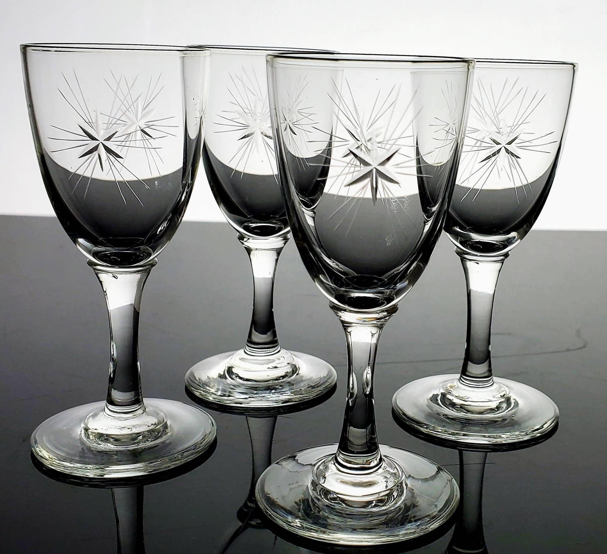5 Vintage Etched Wine Glasses, 1950's, Vintage Etched Starburst 5 oz