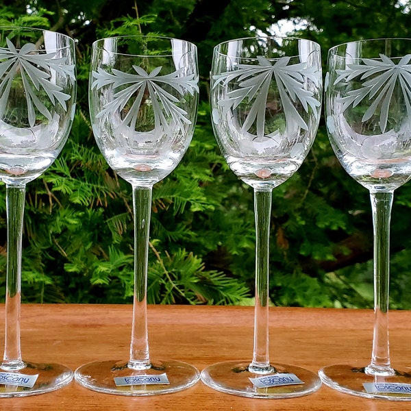 Toscany Wine Glasses Cut Flowers and Leaves Crystal Stemware Barware NEW w TAGS Vintage 1980s Tall  Floral Pattern Blown Glass 7.5" - 4