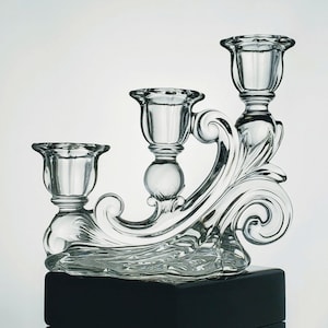 Cambridge Caprice Wildflower Candlestick Candle Holder 3 Light Cascade Vintage 1940&#39;s Elegant Candelabra Crystal Glass Scrolling Candle