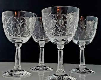 Fostoria Sprite Goblets Vintage Cut Crystal Stemware Mid-Century 1950-60s Leafy Vine Bowl Ornate Stem Elegant Barware 6 1/4" Set of 4