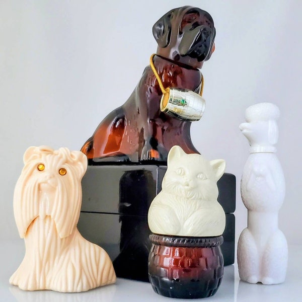 Avon Puppy Dog Kitten Perfume Cologne Aftershave Collection Vintage Decanter Poodle Cat Yorkie St Bernard Retro Collectibles Decor -Set of 4