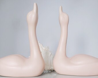 Vintage Ceramic Swans Modern Contemporary Light Pink Peach Mid-Mod Upstretched Necks Beach Ocean Decor - Pair