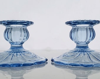 Cambridge Blue Candlesticks Caprice  Moonlight Light Blue Candle Holders Vintage 1940s Lovely  - Pair