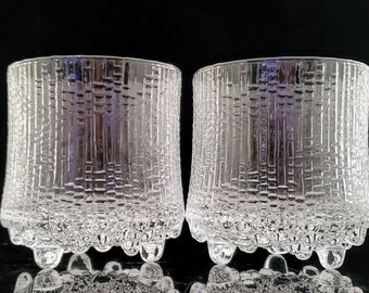 Iittala Ultima Thule On the Rocks Glasses  Scandinavian Vintage Modern Barware Tapio Wirkkala Finland Textured Lines Beaded Bottom 3 Toed -2