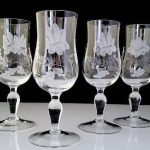 Cocktail Glasses Butterfly Leaf Etched Cut Crystal Stemware Contemporary Small Petite Curvy Barware Blown Glass Sherry Liquor 6" - Set of 4
