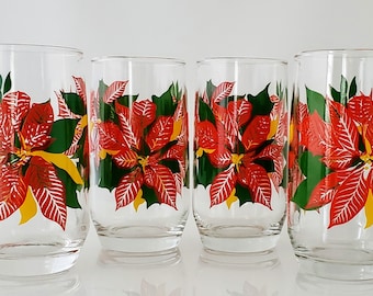 Vintage Poinsettia Glasses Christmas Holiday Tumblers Drinkware Barware Contemporary Modern Bright Red Christmas Rose Flower - Set of 4