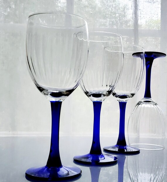 Blue Stem Wine Glasses Clear Optic Bowl Cobalt Blue Stem Etsy