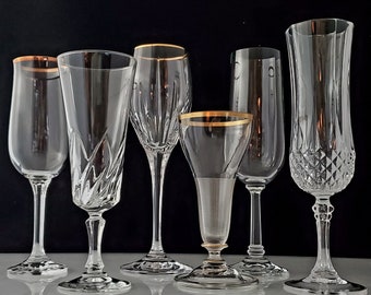 Vintage Champagne Flutes Etched Cut Crystal Collections Stemware Barware Coordinating Curated Mismatched Gift Set Wedding Toasting Glasses 6