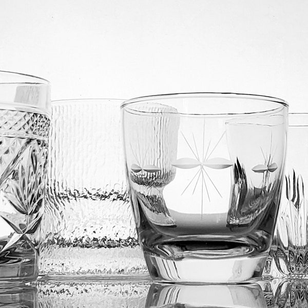 Vintage Old Fashioned On the Rocks Glasses Collection Cut Etch Crystal Barware  Double Old Fashioned Curated Mismatched Whiskey Glass Set 6