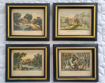 Currier and Ives Prints Framed Vintage Pictures American Homestead Maple Sugaring Roadside River Side  Black Gold Frames  - Set of 4